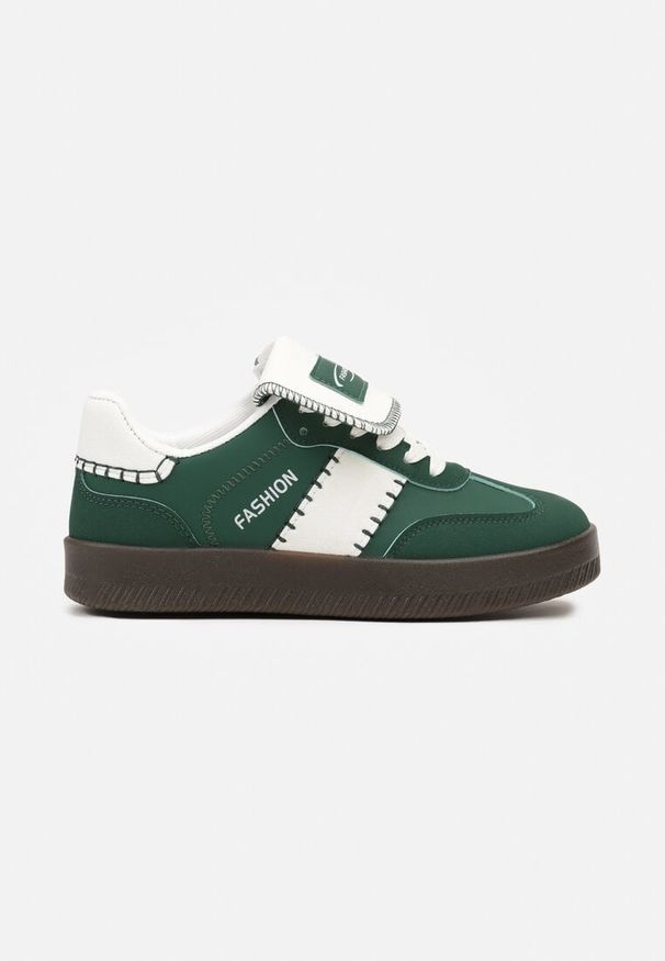 Renee - Zielone Sneakersy na Platformie z Kontrastującymi Detalami i Wywiniętym Językiem Amirila. Nosek buta: okrągły. Zapięcie: sznurówki. Kolor: zielony. Materiał: materiał. Obcas: na platformie. Wysokość obcasa: niski