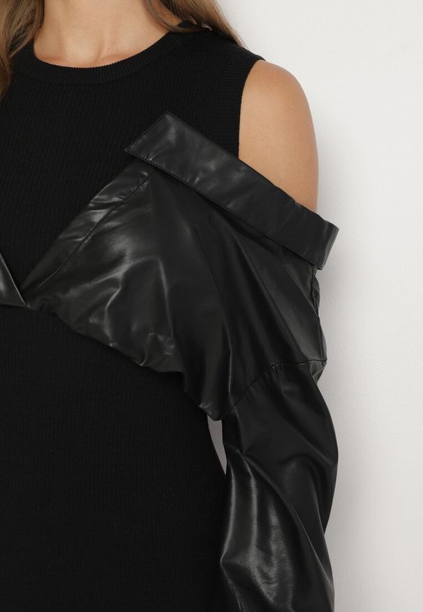 Born2be - Czarna Dzianinowa Sukienka z Wiskozą z Rękawami z Imitacji Skóry Maivonne. Okazja: na co dzień. Kolor: czarny. Materiał: dzianina, skóra, wiskoza. Sezon: wiosna, lato. Styl: casual, klasyczny