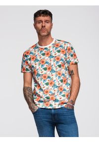 Ombre Clothing - T-shirt męski bawełniany w kwiatowy wzór full print – biały V1 - Rozmiar: XL. Okazja: na co dzień, na spacer. Kolor: biały. Materiał: bawełna. Długość rękawa: krótki rękaw. Długość: krótkie. Wzór: nadruk, kwiaty. Sezon: lato. Styl: wakacyjny, casual, elegancki