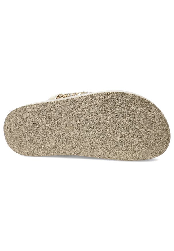 Złote Klapki S.Barski Eleganckie Obuwie Damskie. Okazja: na co dzień, na spacer. Kolor: złoty. Wzór: aplikacja. Sezon: lato. Obcas: na platformie. Styl: elegancki