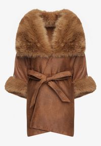 Born2be - Brązowy Płaszcz z Wiązaniem w Pasie i Futerkiem Ozdobiony Wycięciami po Bookach Sartellia. Kolor: brązowy. Materiał: futro. Długość rękawa: długi rękaw. Długość: długie. Wzór: aplikacja. Styl: wizytowy, klasyczny, elegancki #3