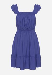 Born2be - Granatowa Sukienka z Wiskozą o Rozkloszowanym Kroju z Gumką w Pasie Lirimere. Okazja: na co dzień. Typ kołnierza: kołnierz z falbankami. Kolor: niebieski. Materiał: wiskoza. Długość rękawa: na ramiączkach. Styl: elegancki, casual #6