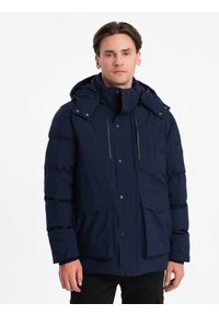 Ombre Clothing - Zimowa kurtka męska z odpinanym kapturem i kieszeniami cargo - granatowa V1 - Rozmiar: XXL. Kolor: niebieski. Materiał: poliester. Sezon: zima
