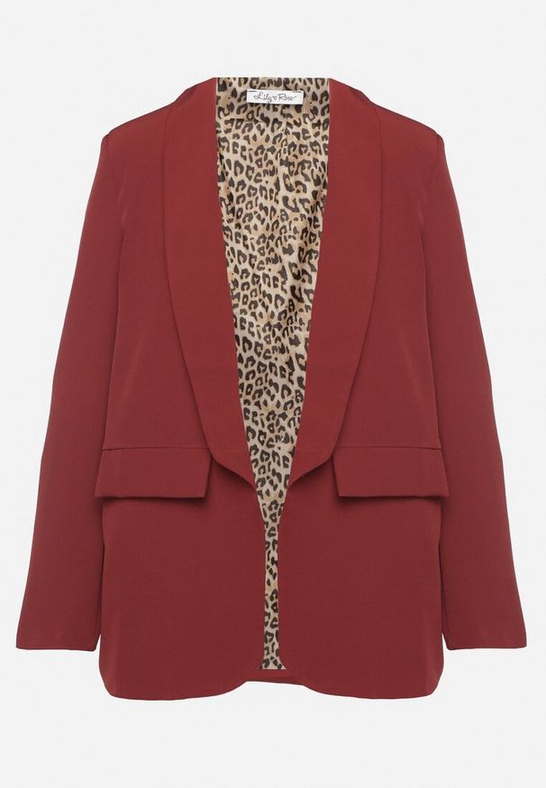 Born2be - Bordowa Klasyczna Marynarka Bez Zapięć z Panterkową Podszewką i Imitacją Kieszeni Torinna. Okazja: na co dzień. Kolor: czerwony. Materiał: jeans. Styl: klasyczny