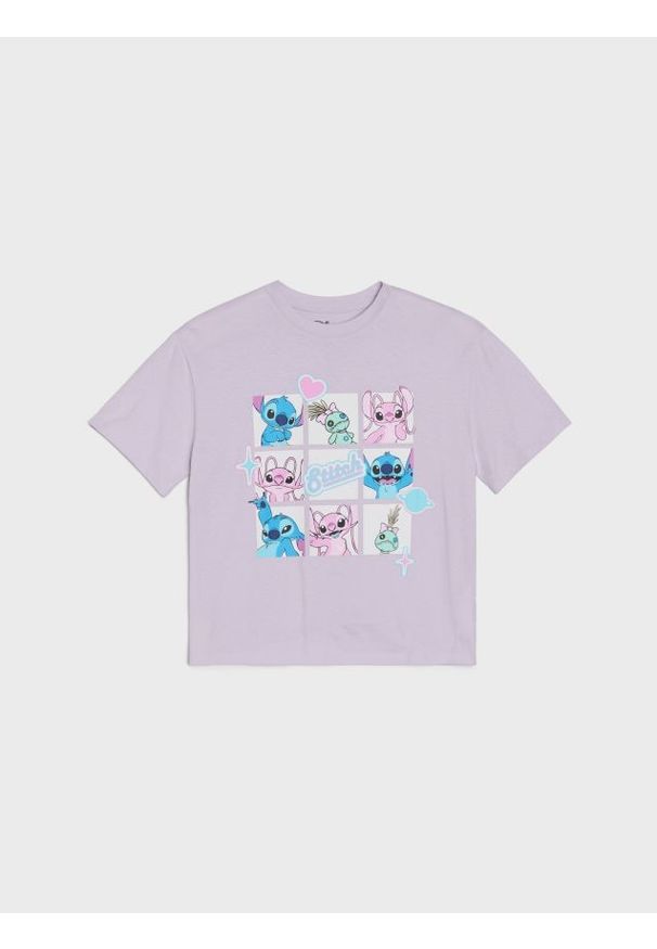 Sinsay - Bawełniana koszulka z krótkim rękawem Lilo & Stitch - fioletowy. Kolor: fioletowy. Materiał: bawełna. Długość rękawa: krótki rękaw. Długość: krótkie