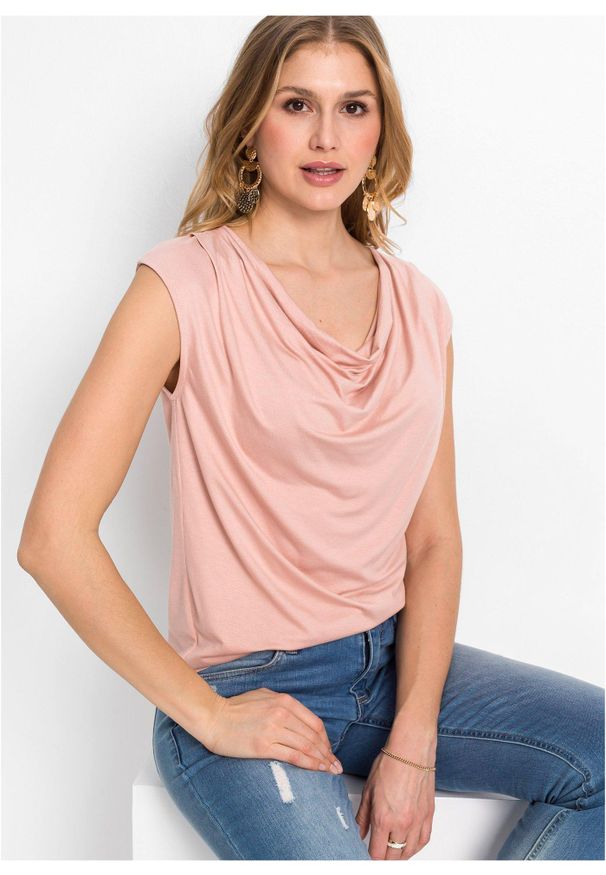 bonprix - Bluzka kaskadowa z mieszanki wiskozy. Typ kołnierza: dekolt woda. Kolor: różowy. Materiał: wiskoza