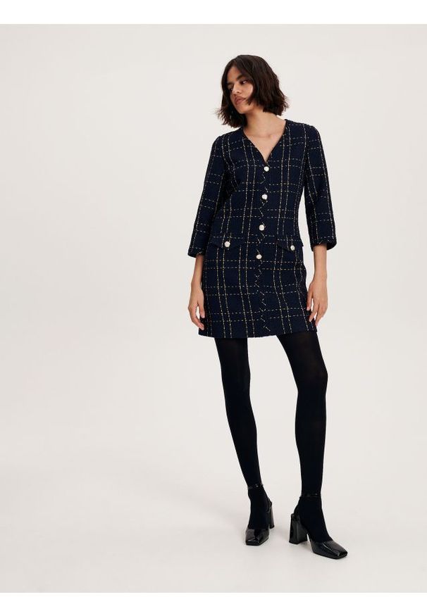 Reserved - Tweedowa sukienka mini - wielobarwny. Materiał: bawełna, wełna, wiskoza, tkanina. Długość: mini