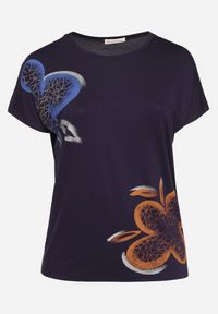 Born2be - Granatowy Klasyczny T-shirt z Bawełny Ozdobiony Nadrukiem i Cyrkoniami Kristinae. Okazja: na co dzień. Kolor: niebieski. Materiał: bawełna. Wzór: nadruk, aplikacja. Styl: klasyczny #2