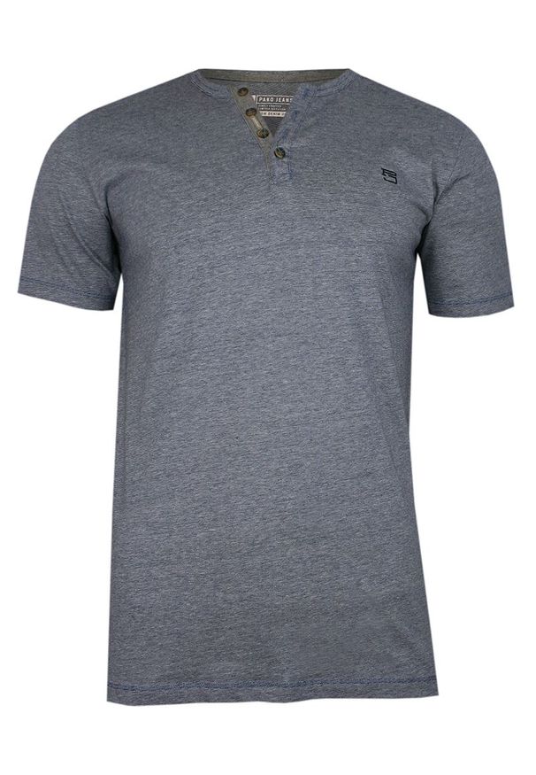 Pako Jeans - Granatowy Bawełniany T-Shirt -PAKO JEANS- Męski, Krótki Rękaw, Dekolt w Serek z Guzikami. Okazja: na co dzień. Typ kołnierza: dekolt w serek. Kolor: niebieski. Materiał: bawełna. Długość rękawa: krótki rękaw. Długość: krótkie. Styl: casual