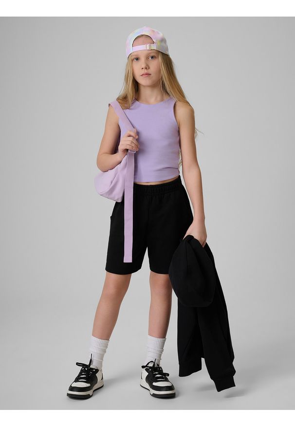 4f - 4F Crop top slim gładki dziewczęcy - fioletowy 164 (13-14 lat). Okazja: na co dzień. Kolor: fioletowy. Materiał: dzianina, skóra, materiał, bawełna. Długość: krótkie. Wzór: gładki. Sezon: lato. Styl: casual