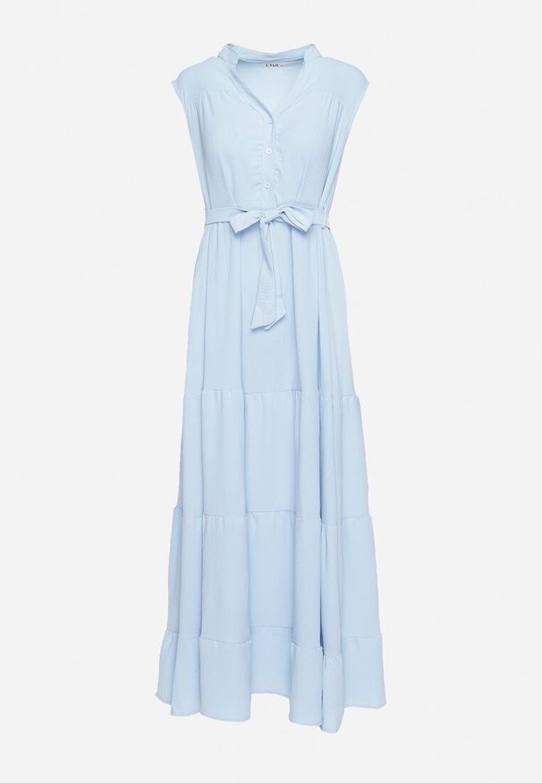 Born2be - Jasnoniebieska Rozkloszowana Sukienka bez Rękawów z Wiązaniem w Talii Ellalin. Okazja: na co dzień. Kolor: niebieski. Długość rękawa: bez rękawów. Typ sukienki: proste. Styl: casual, klasyczny