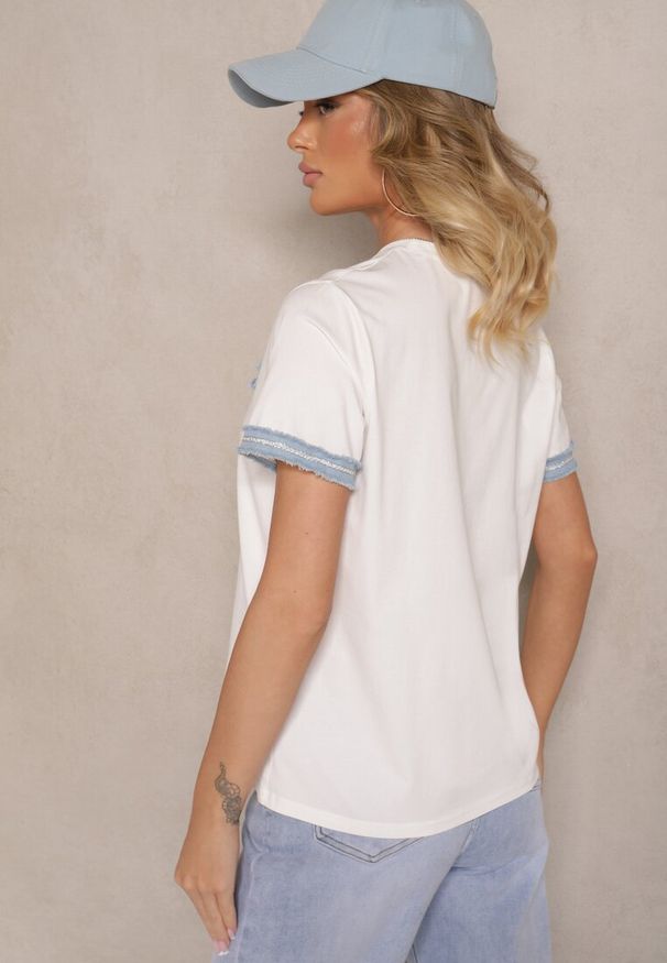 Renee - Biała Bawełniana Bluzka T-shirt Oversize z Ozdobnym Wykończeniem Mirnil. Okazja: na co dzień. Kolor: biały. Materiał: bawełna. Długość rękawa: krótki rękaw. Długość: krótkie. Styl: klasyczny, casual