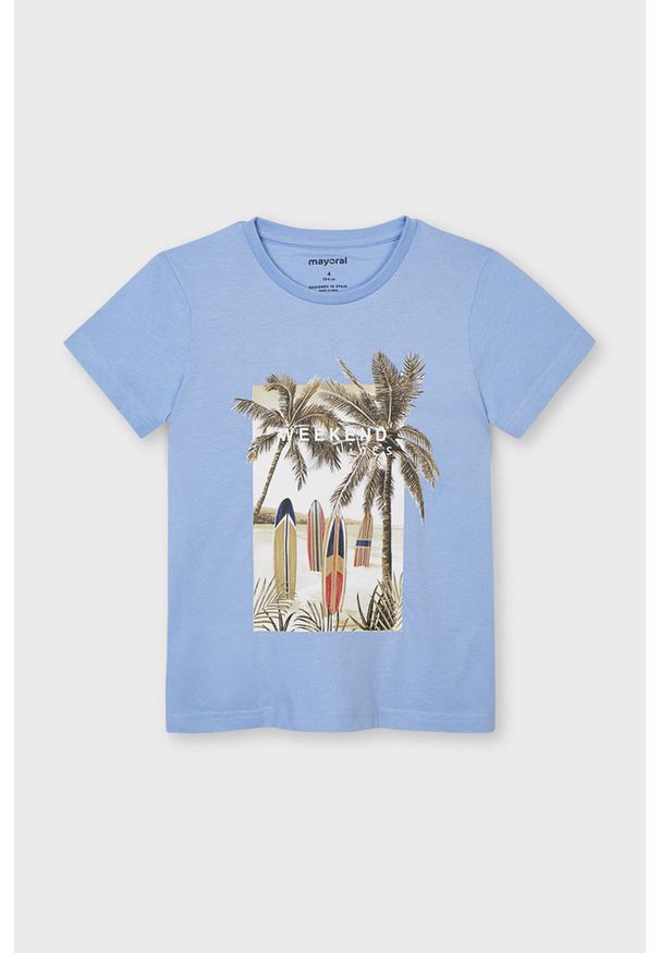 Mayoral - T-shirt dziecięcy. Okazja: na co dzień. Kolor: niebieski. Materiał: bawełna, dzianina. Wzór: nadruk. Styl: casual