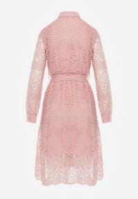 Renee - Różowa Rozkloszowana Midi Sukienka Ozdobiona Koronką z Paskiem w Talii Sailla. Okazja: na spotkanie biznesowe, do pracy, na uczelnię. Kolor: różowy. Materiał: koronka. Wzór: aplikacja, koronka. Sezon: jesień, zima. Typ sukienki: rozkloszowane. Styl: biznesowy. Długość: midi #8