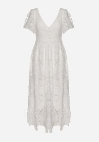 Born2be - Biała Sukienka Koronkowa z Krótkim Bufiastym Rękawem Ulessa. Okazja: na imprezę. Kolor: biały. Materiał: koronka #6