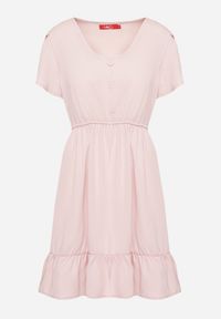 Born2be - Jasnoróżowa Rozkloszowana Sukienka z Gumką w Talii i Falbanką Welimia. Kolor: różowy #7