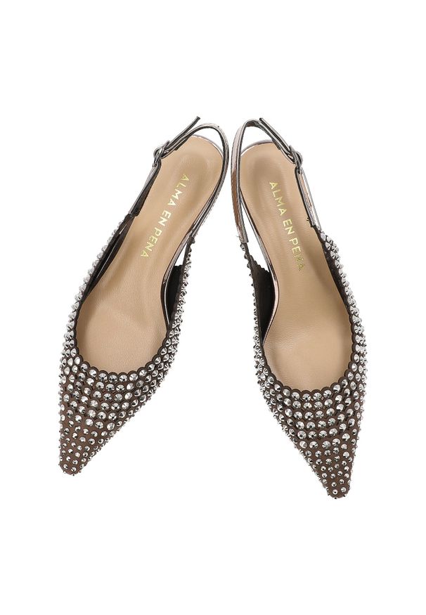 Srebrne Czółenka Alma En Pena Eleganckie Buty Damskie Na Obcasie. Okazja: na imprezę. Nosek buta: szpiczasty. Zapięcie: pasek. Kolor: czarny. Wzór: aplikacja. Obcas: na obcasie. Styl: elegancki. Wysokość obcasa: średni