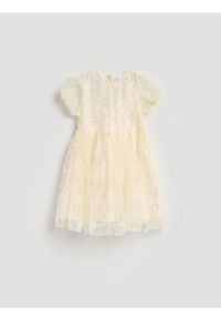 Reserved - Tiulowa sukienka z haftem - kremowy. Kolor: kremowy. Materiał: tiul. Wzór: haft #1