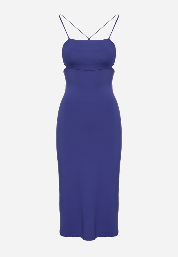 Renee - Granatowa Sukienka Sadoul. Okazja: na imprezę. Kolor: niebieski. Materiał: dzianina. Długość rękawa: na ramiączkach. Styl: wizytowy. Długość: midi