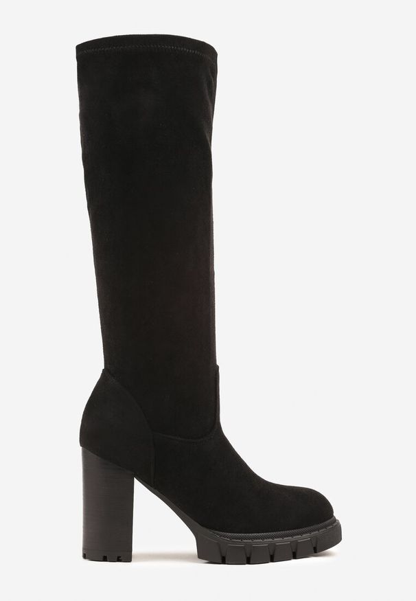 Renee - Czarne Kozaki z Imitacji Zamszu na Obcasie Typu Słupek Rilaresa. Kolor: czarny. Materiał: zamsz. Obcas: na obcasie. Wysokość obcasa: średni