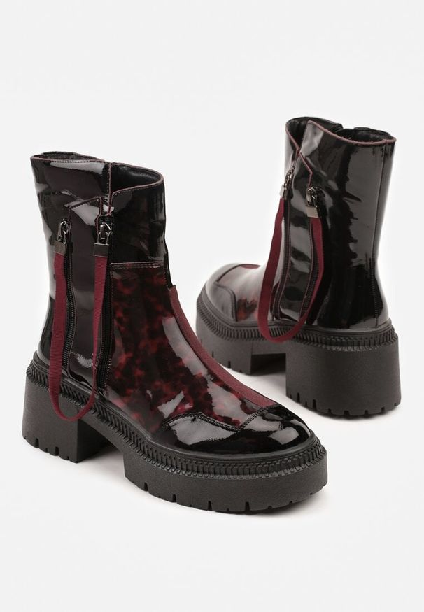Born2be - Czarno-Bordowe Lakierowane Botki Vices z Ozdobną Tasiemką Rivavie. Okazja: na co dzień. Kolor: czarny. Materiał: lakier. Styl: casual, elegancki