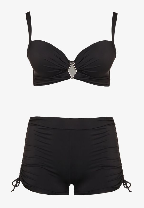 Born2be - Czarne Bikini Biustonosz i Majtki ze Ściągaczami Ulonaniela. Kolekcja: plus size. Kolor: czarny. Wzór: aplikacja