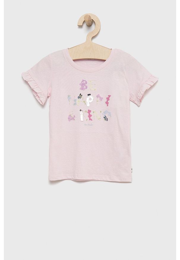 Tom Tailor t-shirt bawełniany dziecięcy kolor różowy. Okazja: na co dzień. Kolor: różowy. Materiał: bawełna. Długość rękawa: krótki rękaw. Długość: krótkie. Wzór: aplikacja, nadruk. Styl: casual