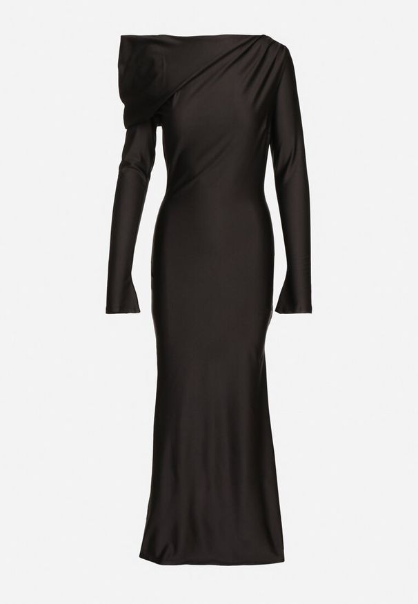 Born2be - Czarna Dopasowana Sukienka z Rozcięciem i Asymetrycznym Dekoltem Ravielis. Okazja: na imprezę. Kolor: czarny. Długość rękawa: długi rękaw. Typ sukienki: asymetryczne. Styl: elegancki, klasyczny