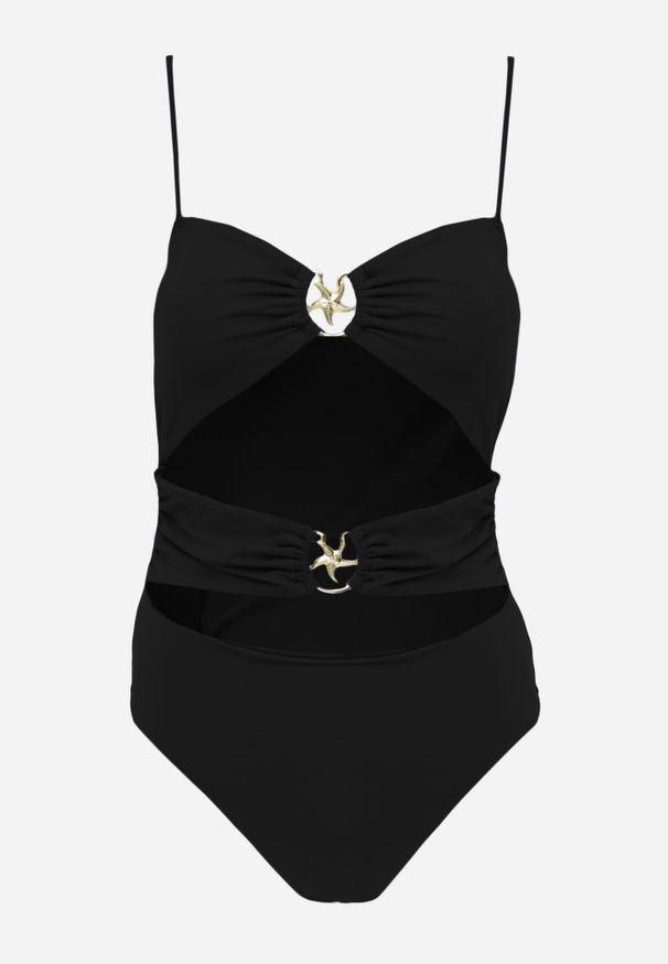 Renee - Czarny Jednoczęściowy Strój Kąpielowy Na Cienkich Ramiączkach ze Złotymi Ozdobami i Wycięciami Nonanoe. Kolekcja: plus size. Kolor: czarny. Materiał: jeans. Wzór: aplikacja