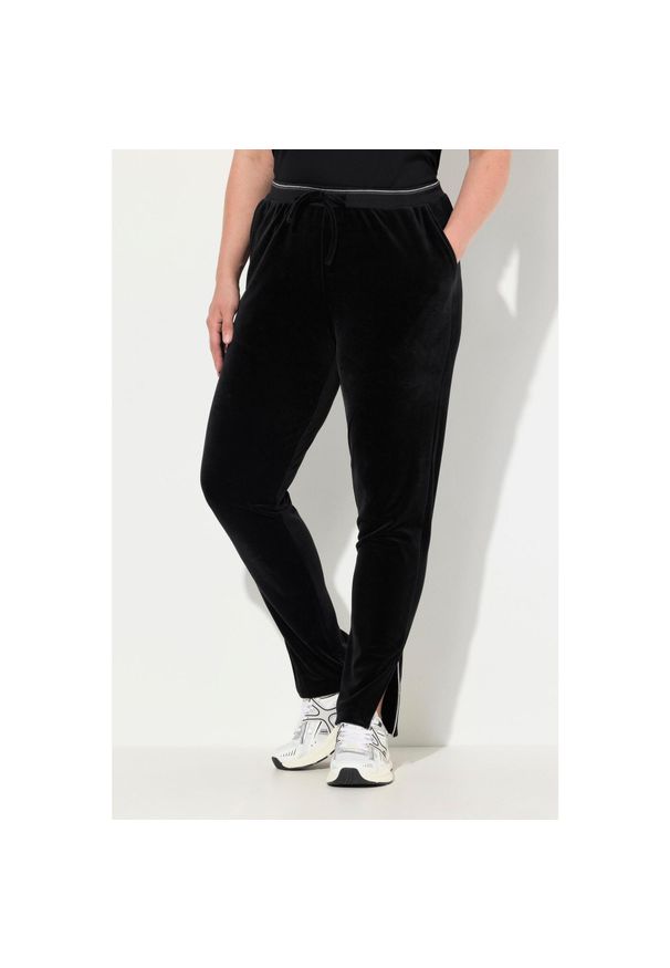 ULLA POPKEN - Damskie Aksamitne spodnie dresowe błyszcząca lamówka elastyczny pas kieszenie. Kolekcja: plus size. Kolor: czarny. Materiał: poliester, materiał, elastan. Długość: długie