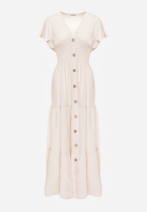 Renee - Beżowa Sukienka z Wiskozy Lobsy. Okazja: na co dzień, na spacer. Kolor: beżowy. Materiał: wiskoza. Długość rękawa: krótki rękaw. Wzór: aplikacja, gładki. Sezon: lato. Styl: casual. Długość: maxi