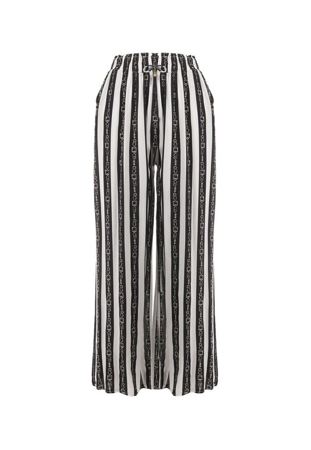 Born2be - Czarno-Białe Spodnie Iomarpia. Kolor: czarny. Materiał: tkanina, wiskoza. Długość: długie. Wzór: aplikacja, paski, nadruk. Styl: elegancki