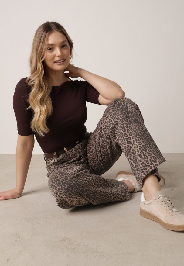 Born2be - Panterkowe Bawełniane Jeansy z Szerokimi Nogawkami i Wysokim Stanem Salithirae. Okazja: na co dzień. Stan: podwyższony. Styl: casual, klasyczny