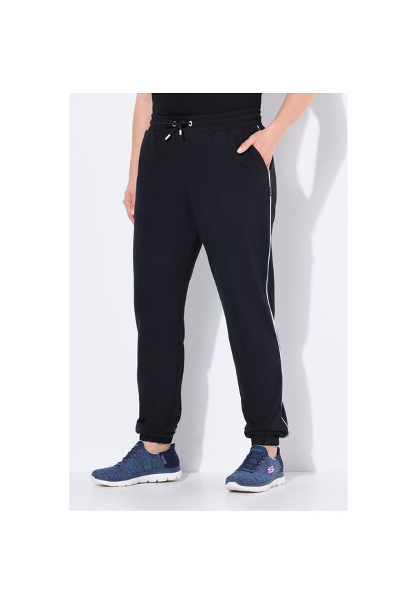 ULLA POPKEN - Damskie Spodnie dresowe lamówka z boku elastyczny ściągacz elastyczny dół. Kolekcja: plus size. Kolor: czarny. Materiał: materiał, poliester, bawełna