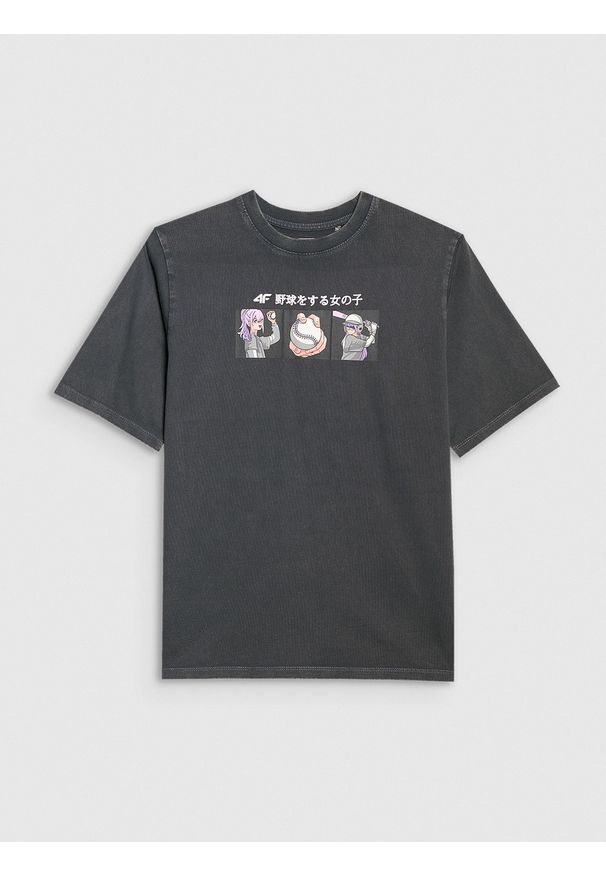 4f - 4F T-shirt oversize z nadrukiem dziewczęcy - szary 152 (11-12 lat). Kolor: szary. Wzór: nadruk. Sezon: lato