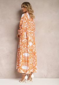 Renee - Pomarańczowa Rozkloszowana Sukienka Długa z Falbanką w Ornamentalny Print Naraoda. Kolor: pomarańczowy. Materiał: tkanina. Wzór: nadruk. Długość: maxi