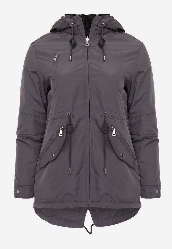 Born2be - Szaro-Czarna Przejściowa Kurtka Dwustronna o Kroju Parki z Pikowaniem Wewnątrz Zidelle. Typ kołnierza: kaptur. Kolor: szary. Materiał: poliester, jeans. Styl: sportowy