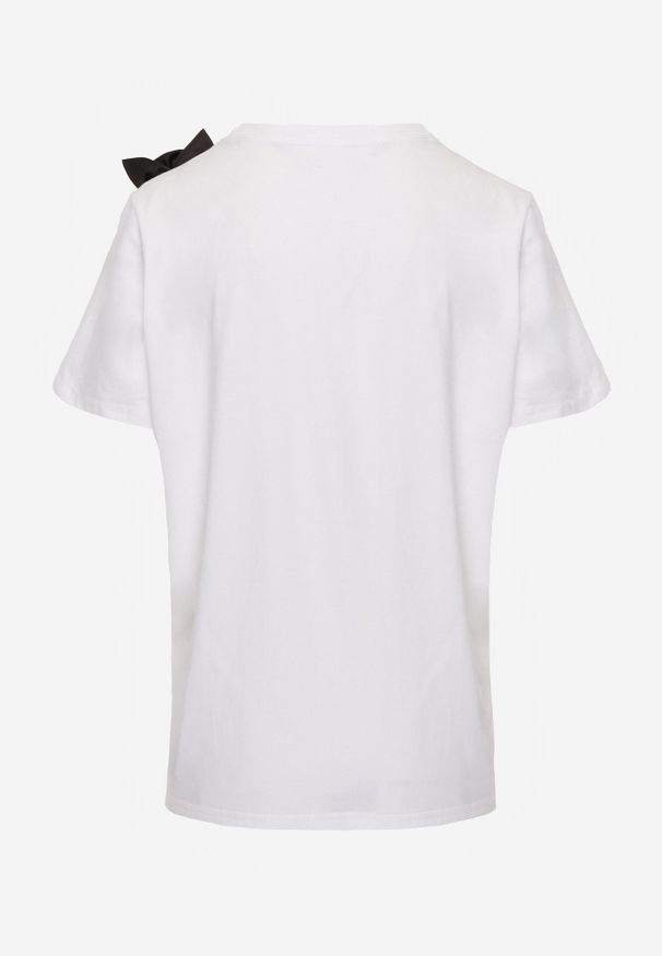 Born2be - Biało-Czarny Klasyczny T-shirt z Bawełny Zdobiony Aplikacją 3D w Kształcie Kwiatów Noebel. Okazja: na co dzień. Kolor: biały. Materiał: bawełna. Wzór: aplikacja, kwiaty. Styl: klasyczny