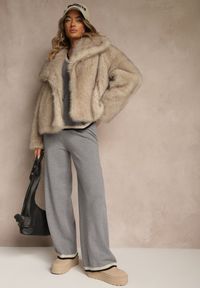 Renee - Szary Komplet Dzianinowy Sweter i Spodnie Wide Leg z Ozdobną Lamówką Ralenia. Kolor: szary. Materiał: dzianina. Wzór: aplikacja