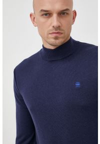 G-Star RAW - G-Star Raw sweter wełniany kolor granatowy z półgolfem. Okazja: na co dzień. Kolor: niebieski. Materiał: wełna. Długość rękawa: długi rękaw. Długość: długie. Styl: casual