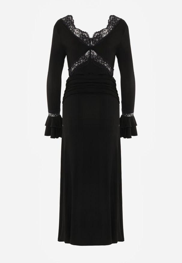 Born2be - Czarna Koktajlowa Sukienka z Wiskozy Zdobiona Falbanami Koronką i Wiązaniem Felycia. Okazja: na komunię, na wesele, na ślub cywilny. Kolor: czarny. Materiał: wiskoza, koronka. Wzór: aplikacja, koronka. Styl: wizytowy