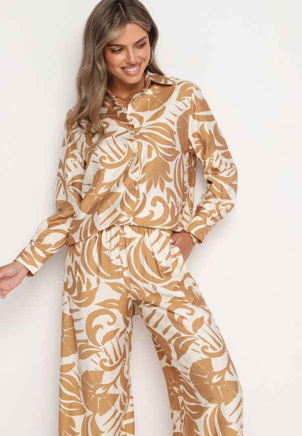 Born2be - Beżowy Wiskozowy Komplet Koszula z Długim Rękawem i Szerokie Spodnie Xiseria. Kolor: beżowy. Materiał: wiskoza