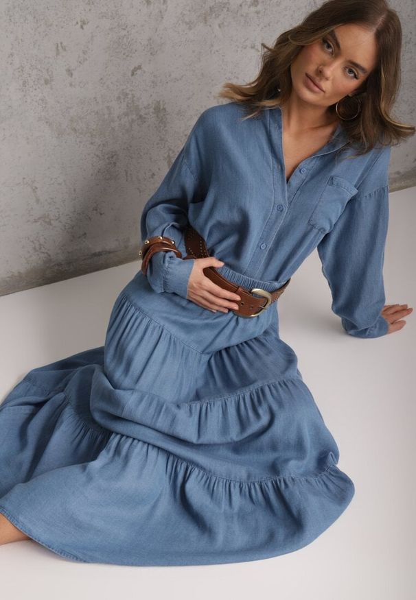 Renee - Niebieska Spódnica Rozkloszowana z Lyocellu High Waist Ozdobiona Falbanami Ravienne. Stan: podwyższony. Kolor: niebieski. Materiał: materiał, prążkowany. Wzór: aplikacja. Sezon: lato