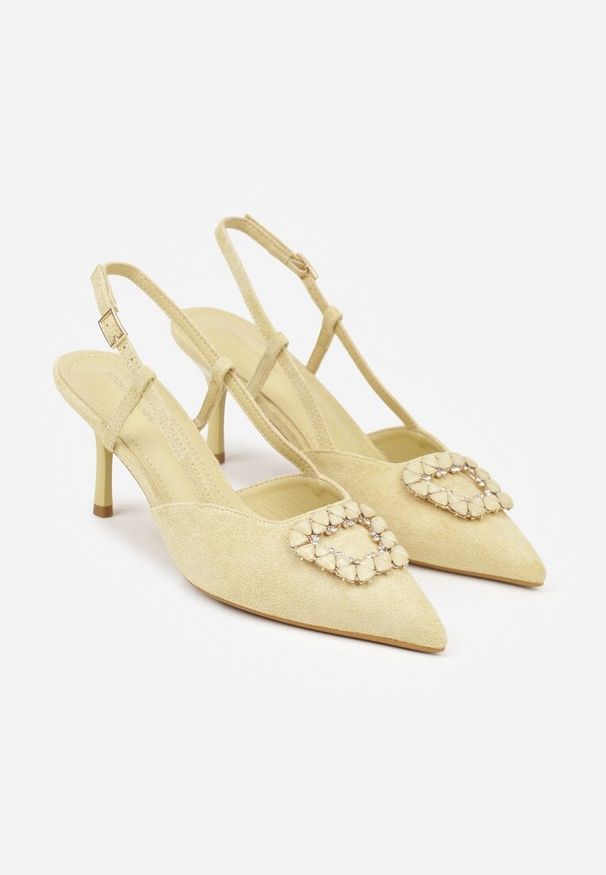 Born2be - Żółte Sandały na Szpilce z Cyrkoniową Klamrą Elinvyra. Okazja: na co dzień. Zapięcie: klamry. Kolor: żółty. Materiał: jeans. Obcas: na szpilce. Styl: casual