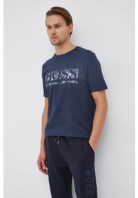 BOSS - Boss T-shirt bawełniany Athleisure kolor granatowy z nadrukiem. Okazja: na co dzień. Kolor: niebieski. Materiał: bawełna. Wzór: nadruk. Styl: casual