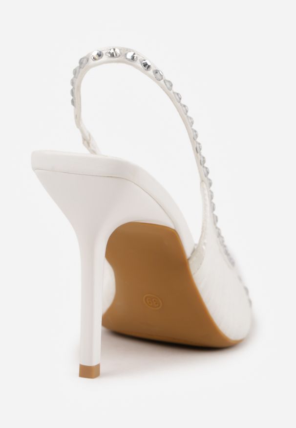 Renee - Białe Sandały Slingback VICES z Siateczki na Szpilce Zdobione Cyrkoniami Aethipe. Nosek buta: otwarty. Kolor: biały. Materiał: skóra, materiał. Wzór: aplikacja. Sezon: lato. Obcas: na szpilce. Wysokość obcasa: średni