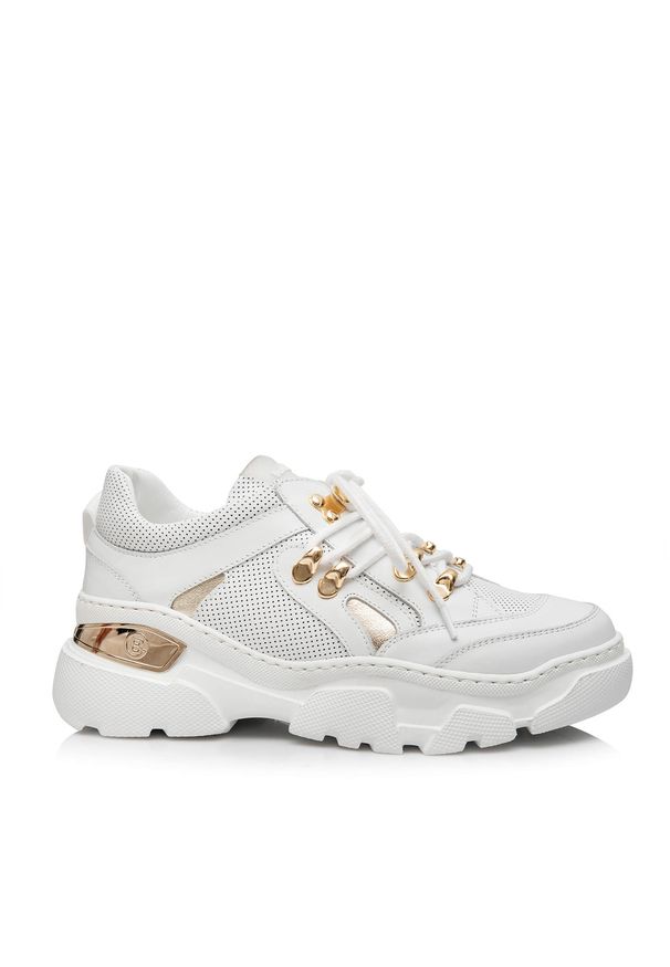 Baldinini - BALDININI - Białe sneakersy ze złotymi detalami. Okazja: na co dzień. Nosek buta: okrągły. Zapięcie: sznurówki. Kolor: biały. Szerokość cholewki: normalna