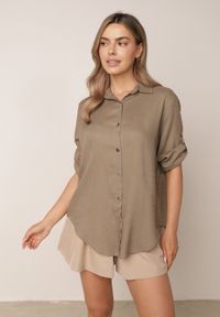 Born2be - Beżowa Koszula Casual z Wiskozą i Lnem z Rękawami 3/4 Linyana. Okazja: na co dzień. Typ kołnierza: kołnierzyk klasyczny. Kolor: beżowy. Materiał: wiskoza, len. Długość: długie. Styl: casual #1