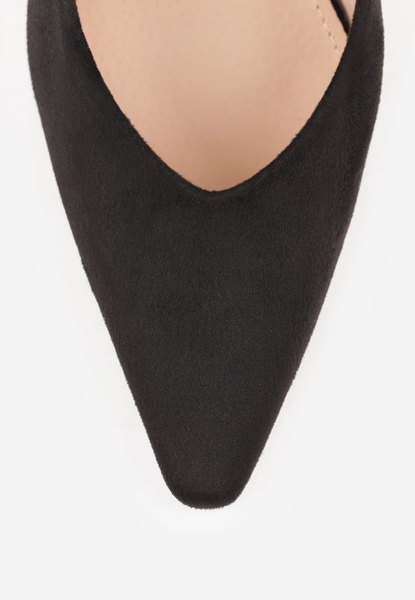 Renee - Czarne Szpilki VICES ze Skórzaną Wkładką na Obcasie z Metalicznym Połyskiem Dorea. Nosek buta: szpiczasty. Kolor: czarny. Materiał: skóra. Obcas: na obcasie. Styl: elegancki. Wysokość obcasa: średni