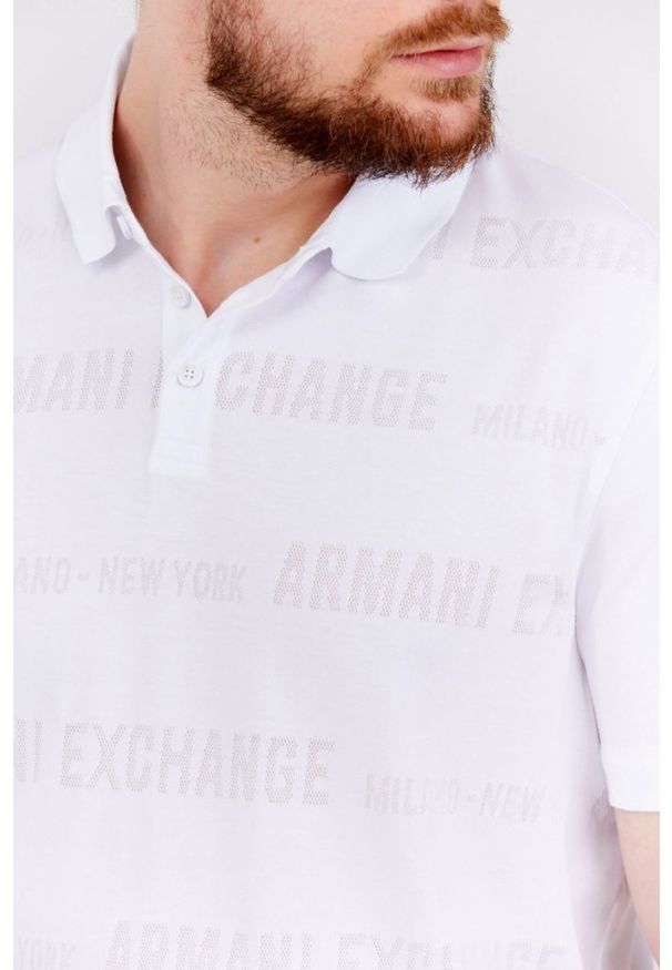 Armani Exchange - ARMANI EXCHANGE Biała męska koszulka polo w logo, Rozmiar S. Typ kołnierza: polo. Kolor: biały. Wzór: ażurowy